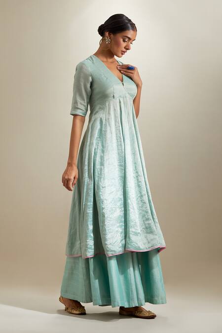 Vinusto Mint Chanderi, Silk Zari, Embroidery V-neck Panelled Anarkali Sharara Set Online at Aza Fashions Vinusto_Mint Chanderi, Silk Zari, Embroidery V-neck Panelled Anarkali Sharara Set _Online_at_Aza_Fashions