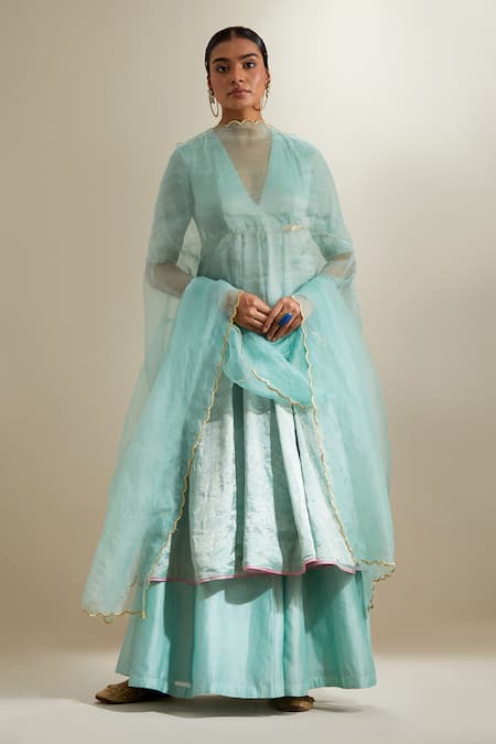 Vinusto Mint Chanderi, Silk Zari, Embroidery V-neck Panelled Anarkali Sharara Set 