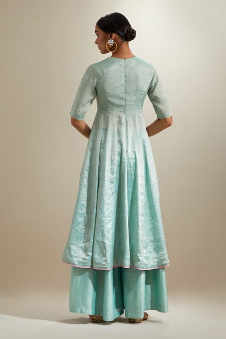 Shop Vinusto Mint Chanderi, Silk Zari, Embroidery V-neck Panelled Anarkali Sharara Set at Aza Fashions Shop_Vinusto_Mint Chanderi, Silk Zari, Embroidery V-neck Panelled Anarkali Sharara Set _at_Aza_Fashions