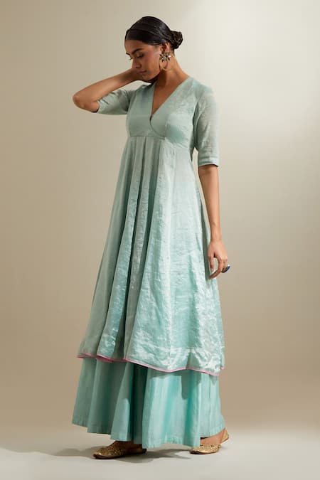 Shop Vinusto Mint Chanderi, Silk Zari, Embroidery V-neck Panelled Anarkali Sharara Set Online at Aza Fashions Shop_Vinusto_Mint Chanderi, Silk Zari, Embroidery V-neck Panelled Anarkali Sharara Set _Online_at_Aza_Fashions