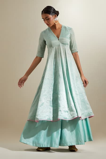 Vinusto Mint Chanderi, Silk Zari, Embroidery V-neck Panelled Anarkali Sharara Set at Aza Fashions Vinusto_Mint Chanderi, Silk Zari, Embroidery V-neck Panelled Anarkali Sharara Set _at_Aza_Fashions