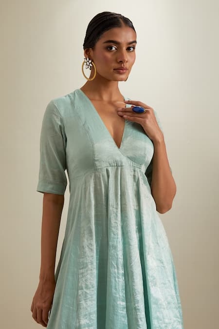 Buy Vinusto Mint Chanderi, Silk Zari, Embroidery V-neck Panelled Anarkali Sharara Set Buy_Vinusto_Mint Chanderi, Silk Zari, Embroidery V-neck Panelled Anarkali Sharara Set