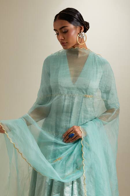 Shop Vinusto Mint Chanderi, Silk Zari, Embroidery V-neck Panelled Anarkali Sharara Set Shop_Vinusto_Mint Chanderi, Silk Zari, Embroidery V-neck Panelled Anarkali Sharara Set