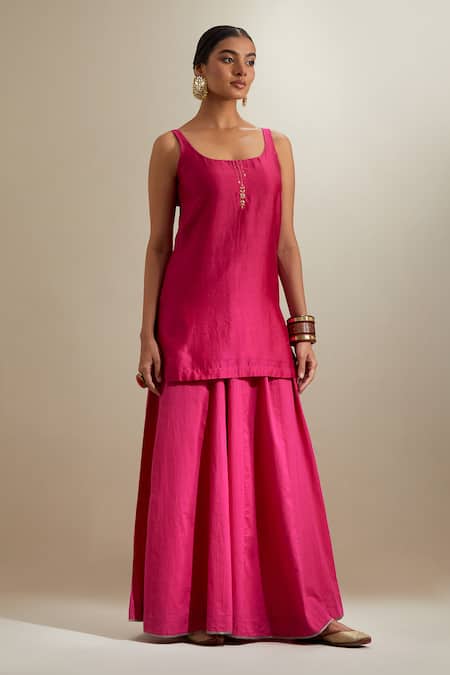 Shop_Vinusto_Fuchsia Chanderi, Silk Zari, Embroidery Scoop Neck Kurta Sharara Set _Online_at_Aza_Fashions