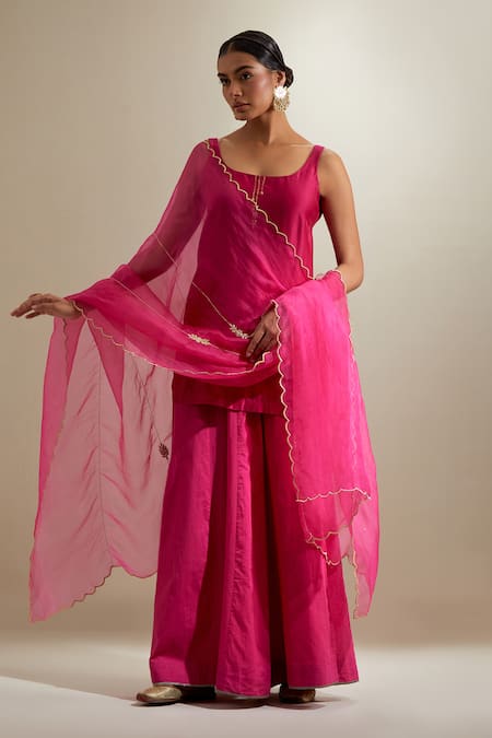 Vinusto Fuchsia Chanderi, Silk Zari, Embroidery Scoop Neck Kurta Sharara Set 