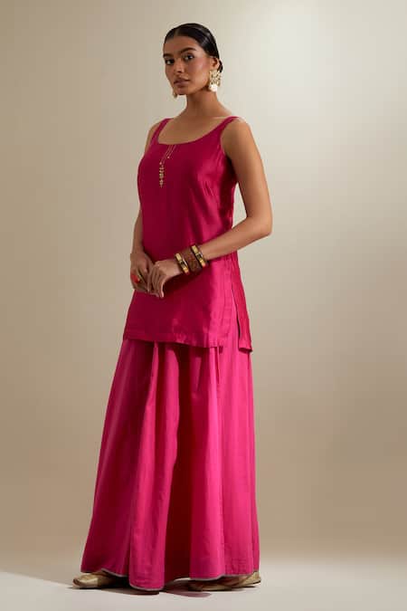 Buy_Vinusto_Fuchsia Chanderi, Silk Zari, Embroidery Scoop Neck Kurta Sharara Set 