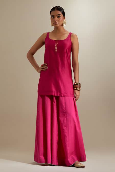 Shop_Vinusto_Fuchsia Chanderi, Silk Zari, Embroidery Scoop Neck Kurta Sharara Set 