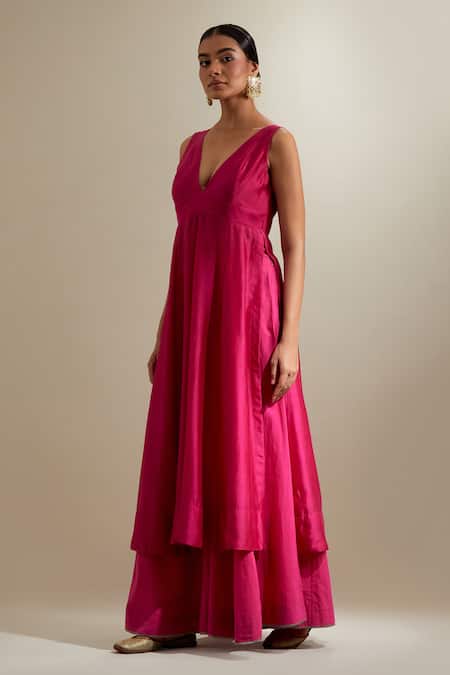 Vinusto_Fuchsia Chanderi V-neck Panelled Anarkali And Flared Palazzo _Online_at_Aza_Fashions