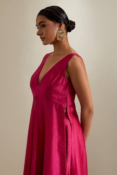 Shop_Vinusto_Fuchsia Chanderi V-neck Panelled Anarkali And Flared Palazzo _Online_at_Aza_Fashions