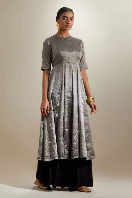 Vinusto_Silver Silk, Chanderi Embroidery Round Zari Panelled Anarkali And Palazzo Set _Online_at_Aza_Fashions