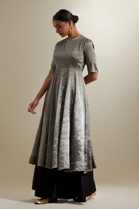 Vinusto_Silver Silk, Chanderi Embroidery Round Zari Panelled Anarkali And Palazzo Set _at_Aza_Fashions