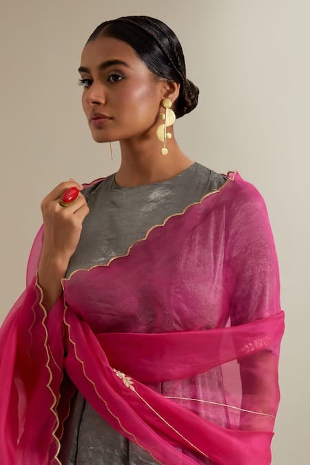 Shop_Vinusto_Silver Silk, Chanderi Embroidery Round Zari Panelled Anarkali And Palazzo Set 