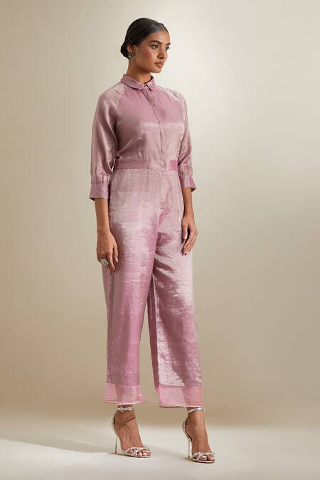 Vinusto_Pink Silk Zari, Lace Collared Gota Organza Panel Jumpsuit _Online_at_Aza_Fashions