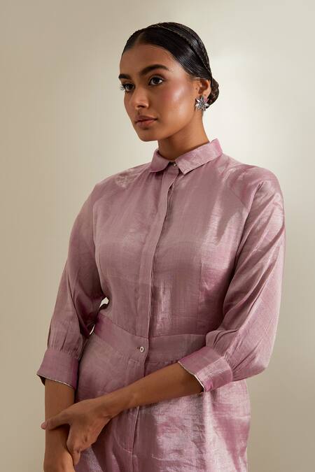 Buy_Vinusto_Pink Silk Zari, Lace Collared Gota Organza Panel Jumpsuit _Online_at_Aza_Fashions