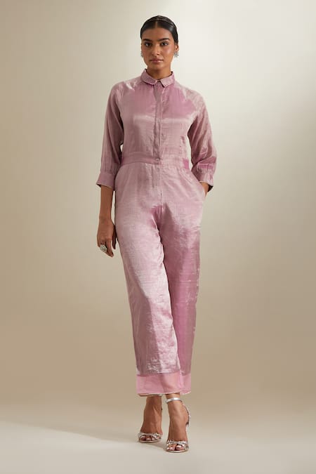 Vinusto Pink Silk Zari, Lace Collared Gota Organza Panel Jumpsuit 