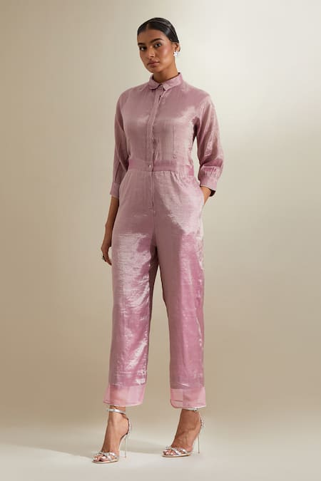 Shop_Vinusto_Pink Silk Zari, Lace Collared Gota Organza Panel Jumpsuit _Online_at_Aza_Fashions