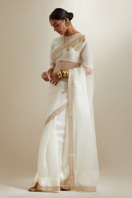 Vinusto_Ivory Silk, Chanderi Zari, Embroidery, Lace Split Katan Saree With Blouse _Online_at_Aza_Fashions