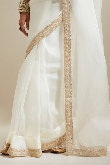 Buy_Vinusto_Ivory Silk, Chanderi Zari, Embroidery, Lace Split Katan Saree With Blouse _Online_at_Aza_Fashions