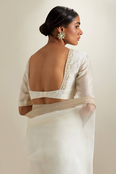Shop_Vinusto_Ivory Silk, Chanderi Zari, Embroidery, Lace Split Katan Saree With Blouse _Online_at_Aza_Fashions