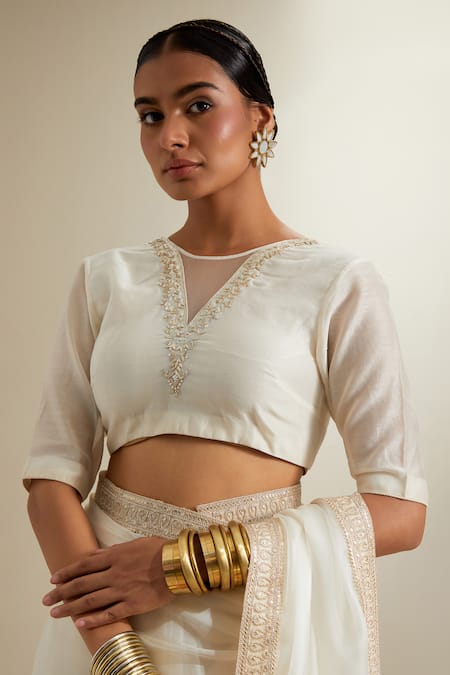 Vinusto_Ivory Silk, Chanderi Zari, Embroidery, Lace Split Katan Saree With Blouse _at_Aza_Fashions