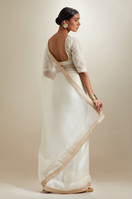 Shop_Vinusto_Ivory Silk, Chanderi Zari, Embroidery, Lace Split Katan Saree With Blouse _at_Aza_Fashions