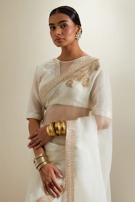 Buy_Vinusto_Ivory Silk, Chanderi Zari, Embroidery, Lace Split Katan Saree With Blouse 