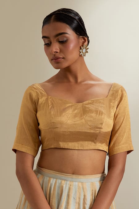 Vinusto_Gold Chanderi Zari Square Neck Stripe Lehenga Set _Online_at_Aza_Fashions