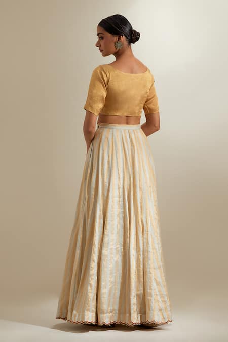 Shop_Vinusto_Gold Chanderi Zari Square Neck Stripe Lehenga Set _at_Aza_Fashions