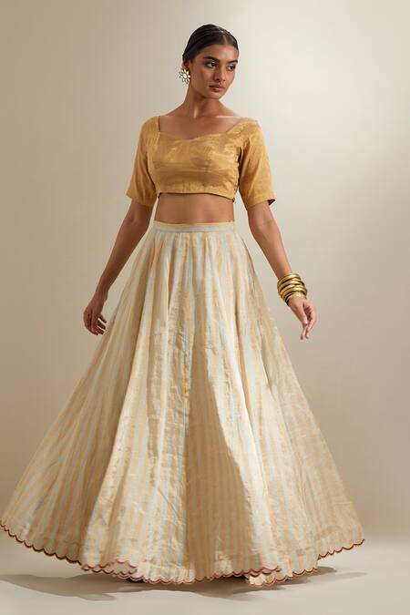 Buy_Vinusto_Gold Chanderi Zari Square Neck Stripe Lehenga Set _Online_at_Aza_Fashions