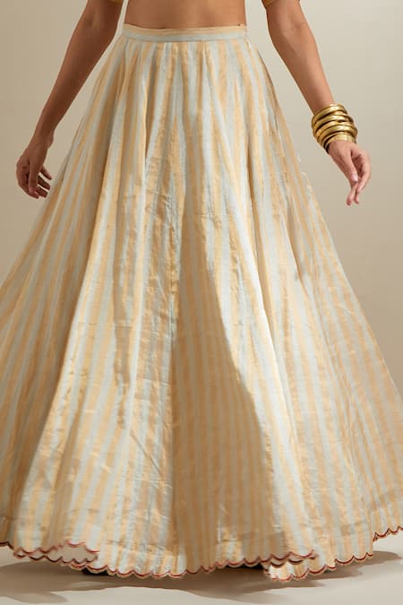 Shop_Vinusto_Gold Chanderi Zari Square Neck Stripe Lehenga Set _Online_at_Aza_Fashions
