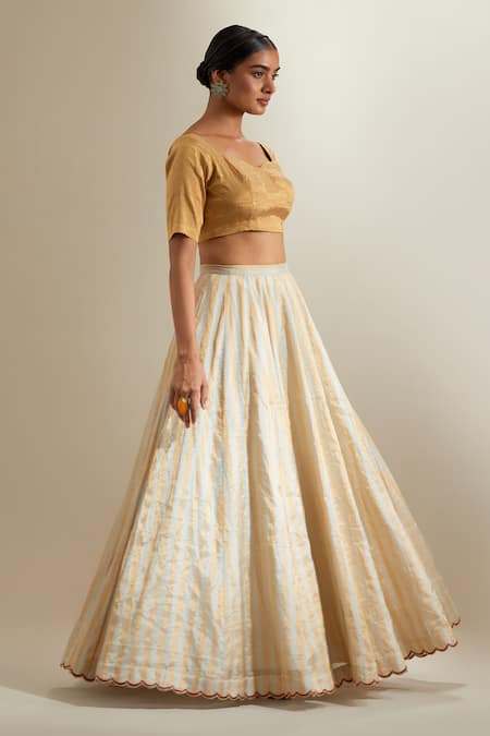 Vinusto_Gold Chanderi Zari Square Neck Stripe Lehenga Set _at_Aza_Fashions