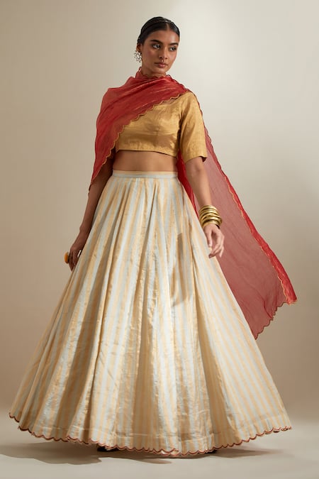 Vinusto Gold Chanderi Zari Square Neck Stripe Lehenga Set 