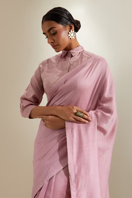 Vinusto Pink Chanderi Lace, Zari Collared Saree With Blouse Online at Aza Fashions Vinusto_Pink Chanderi Lace, Zari Collared Saree With Blouse _Online_at_Aza_Fashions
