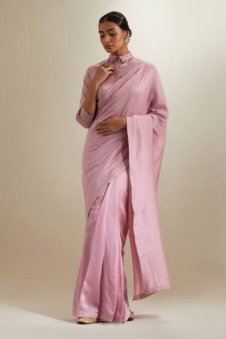 Buy Vinusto Pink Chanderi Lace, Zari Collared Saree With Blouse Online at Aza Fashions Buy_Vinusto_Pink Chanderi Lace, Zari Collared Saree With Blouse _Online_at_Aza_Fashions