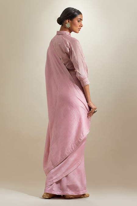 Shop Vinusto Pink Chanderi Lace, Zari Collared Saree With Blouse at Aza Fashions Shop_Vinusto_Pink Chanderi Lace, Zari Collared Saree With Blouse _at_Aza_Fashions