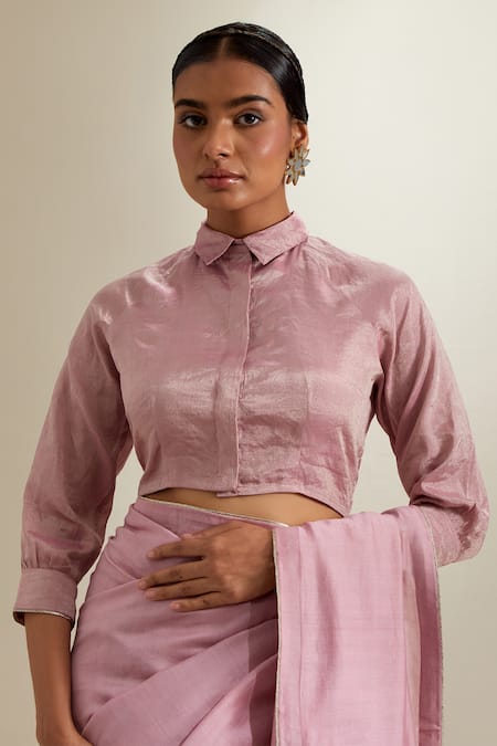 Vinusto Pink Chanderi Lace, Zari Collared Saree With Blouse at Aza Fashions Vinusto_Pink Chanderi Lace, Zari Collared Saree With Blouse _at_Aza_Fashions