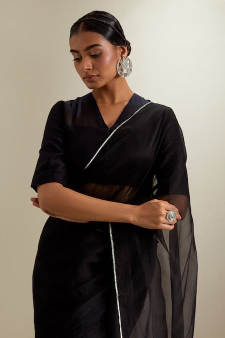 Shop_Vinusto_Black , Organza, Sequins And Katan Saree With Blouse _Online_at_Aza_Fashions
