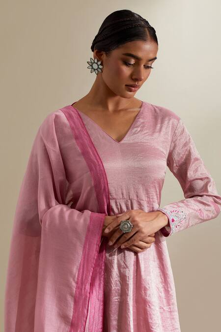 Shop_Vinusto_Pink Chanderi Embroidery V-neck Zari Silk Anarkali Sharara Set _Online_at_Aza_Fashions