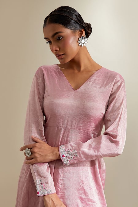 Vinusto_Pink Chanderi Embroidery V-neck Zari Silk Anarkali Sharara Set _at_Aza_Fashions