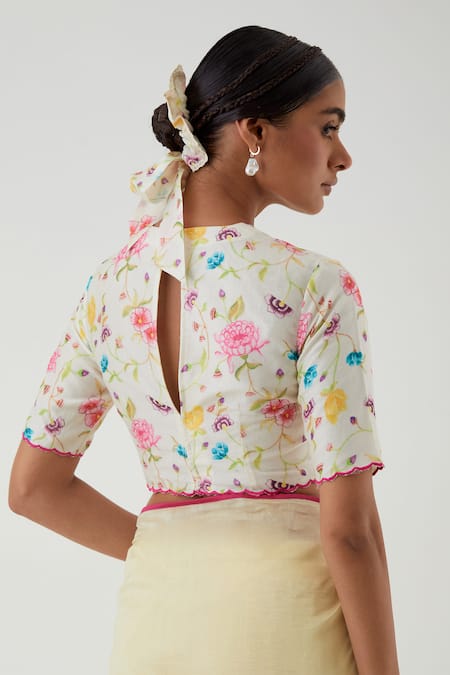 Shop_Vinusto_Yellow Chanderi Applique, Embroidery Round Neck Saree With Floral Print Blouse _Online_at_Aza_Fashions