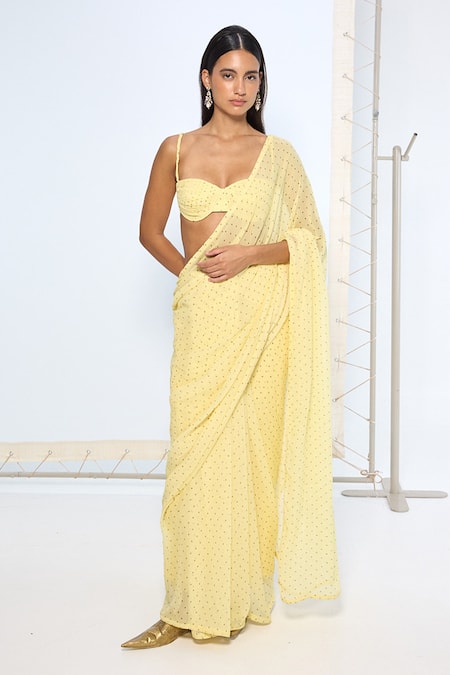 Ekaya Banaras_Yellow Georgette Butter Polka Dotted Saree With Running Blouse _Online_at_Aza_Fashions