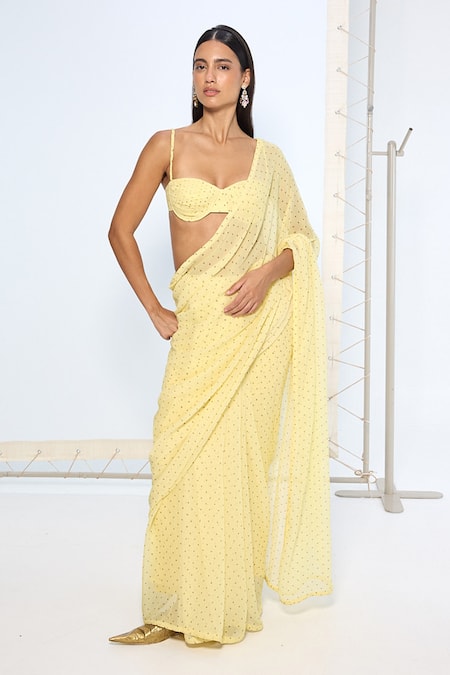 Ekaya Banaras Yellow Georgette Butter Polka Dotted Saree With Running Blouse