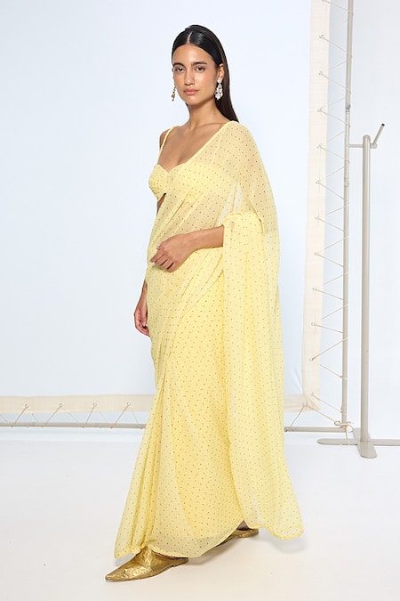 Buy_Ekaya Banaras_Yellow Georgette Butter Polka Dotted Saree With Running Blouse _Online_at_Aza_Fashions