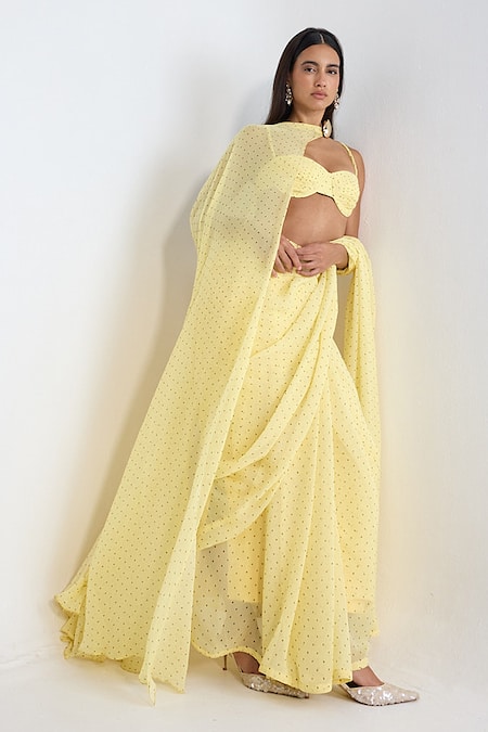 Shop_Ekaya Banaras_Yellow Georgette Butter Polka Dotted Saree With Running Blouse _Online_at_Aza_Fashions