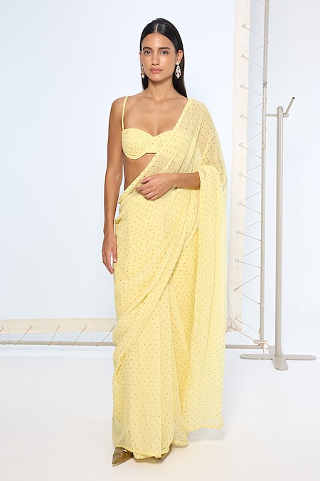 Ekaya Banaras_Yellow Georgette Butter Polka Dotted Saree With Running Blouse _at_Aza_Fashions