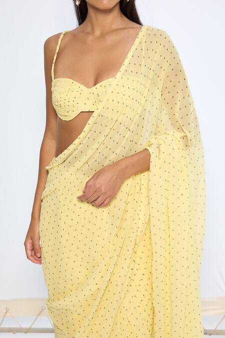Buy_Ekaya Banaras_Yellow Georgette Butter Polka Dotted Saree With Running Blouse 