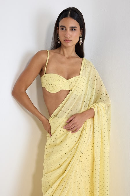 Shop_Ekaya Banaras_Yellow Georgette Butter Polka Dotted Saree With Running Blouse 