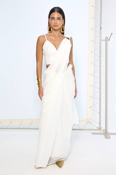 Ekaya Banaras White Chiffon Brooches Ivory Movable Saree With Running Blouse 