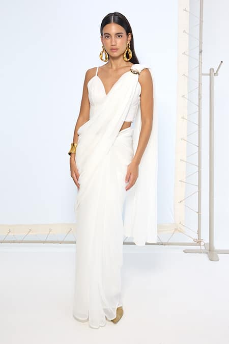 Ekaya Banaras_White Chiffon Brooches Ivory Movable Saree With Running Blouse _at_Aza_Fashions