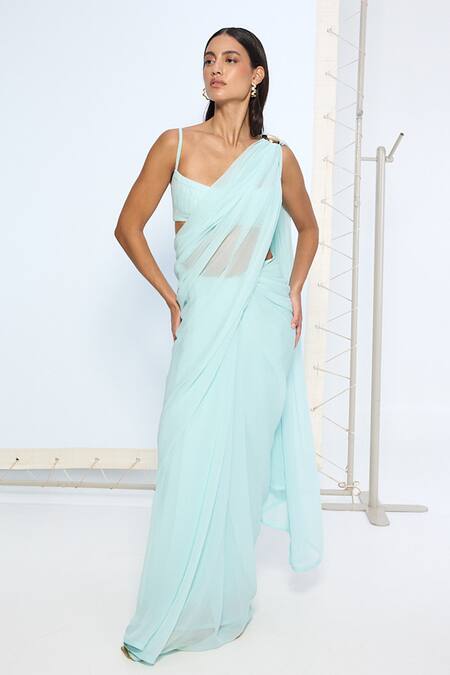 Ekaya Banaras_Aqua Chiffon Ice Blue Movable Brooch Saree With Running Blouse _Online_at_Aza_Fashions